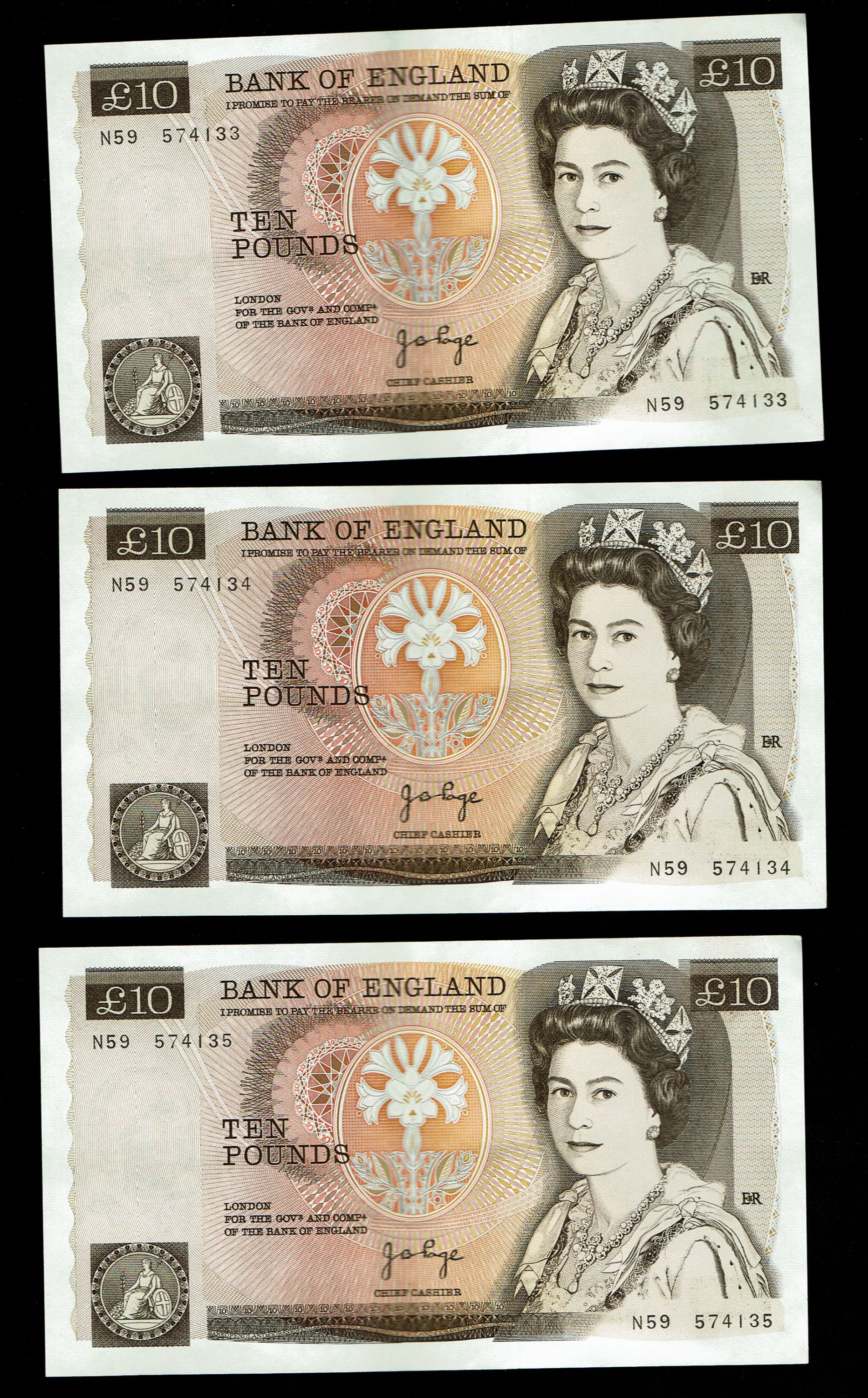 England - Lot of 10 banknotes, 10 Pounds 1975-1980 - Elizabeth II Florence Nightingale - Consecutive S.N. - XF - 1 3