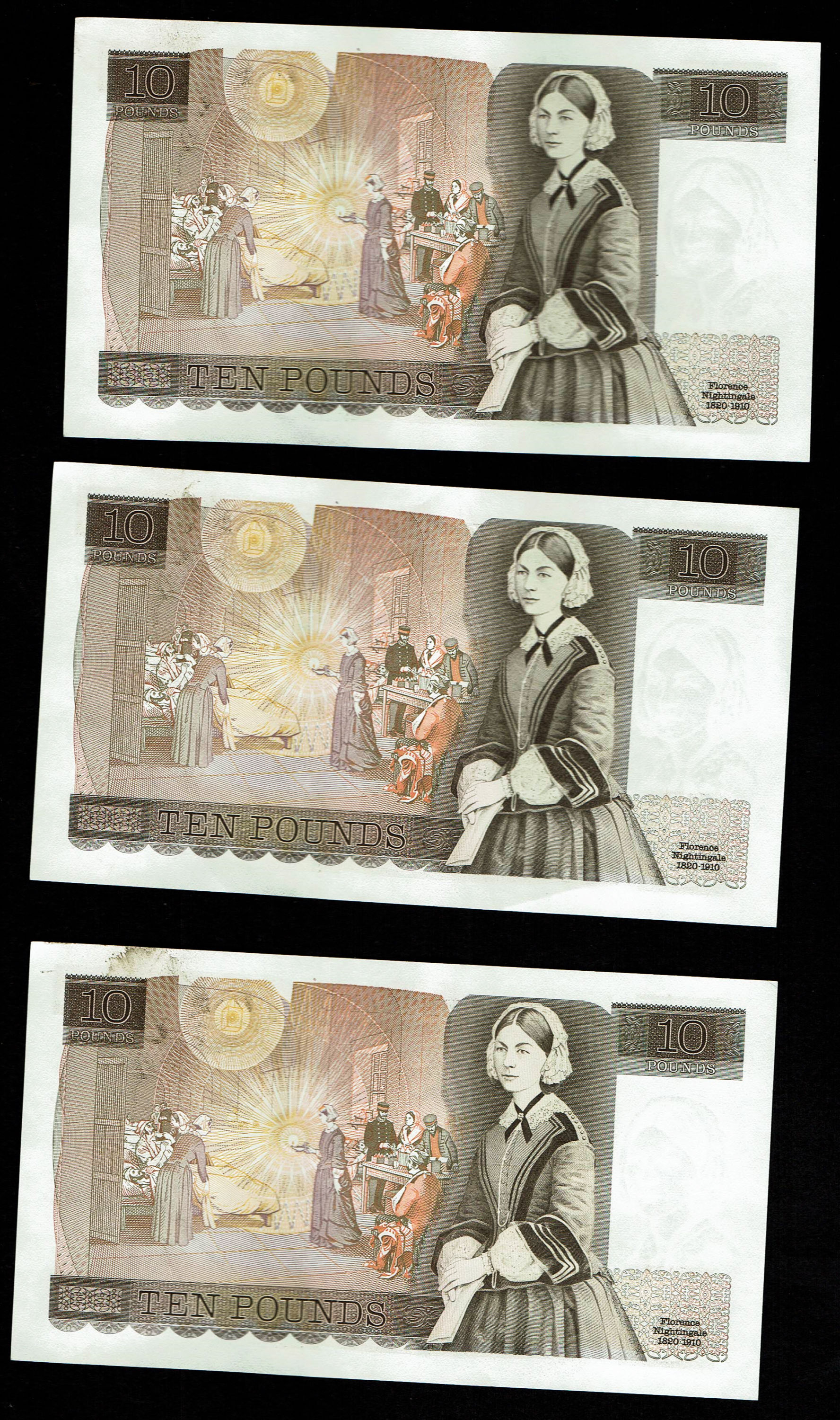 England - Lot of 10 banknotes, 10 Pounds 1975-1980 - Elizabeth II Florence Nightingale - Consecutive S.N. - XF - 1 6
