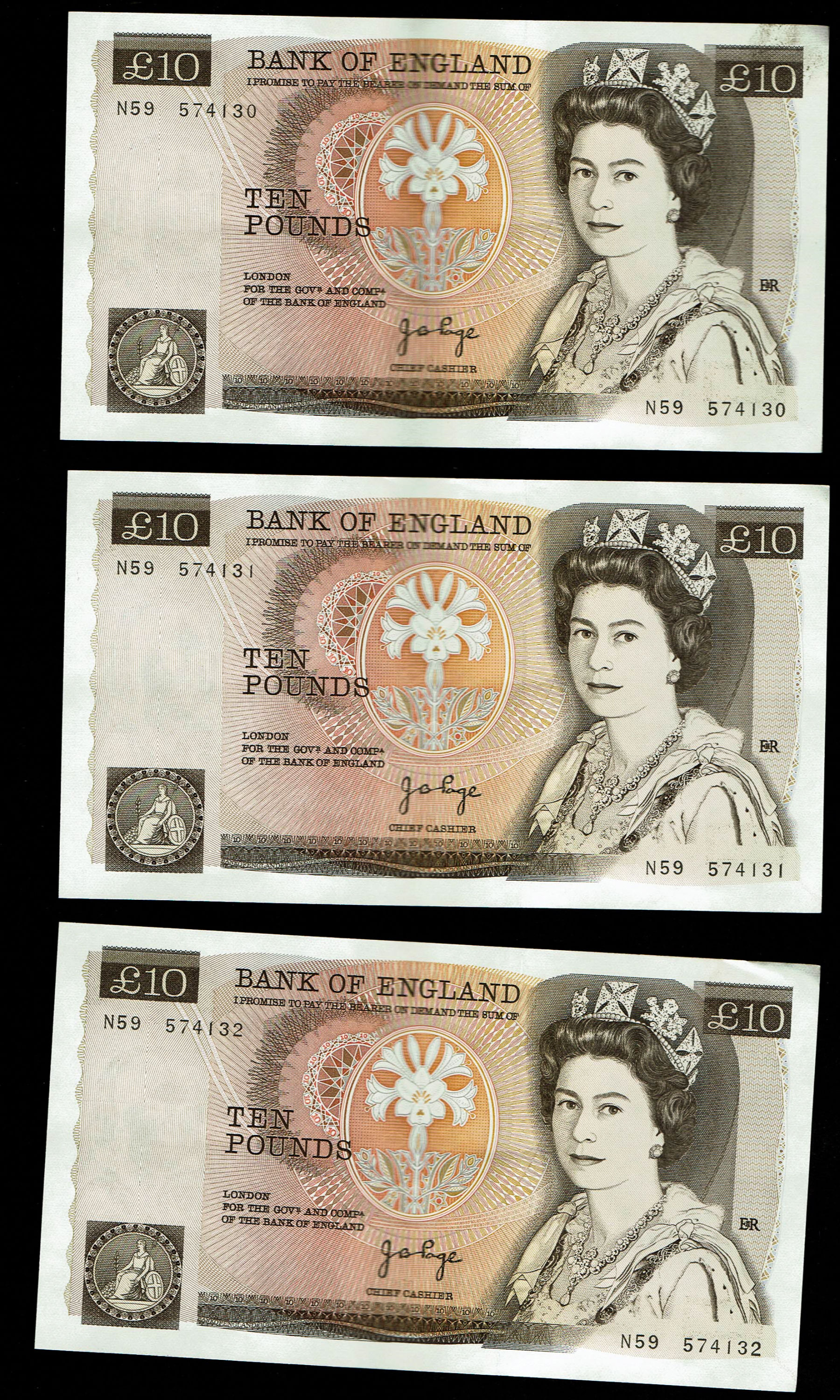 England - Lot of 10 banknotes, 10 Pounds 1975-1980 - Elizabeth II Florence Nightingale - Consecutive S.N. - XF - 1 1