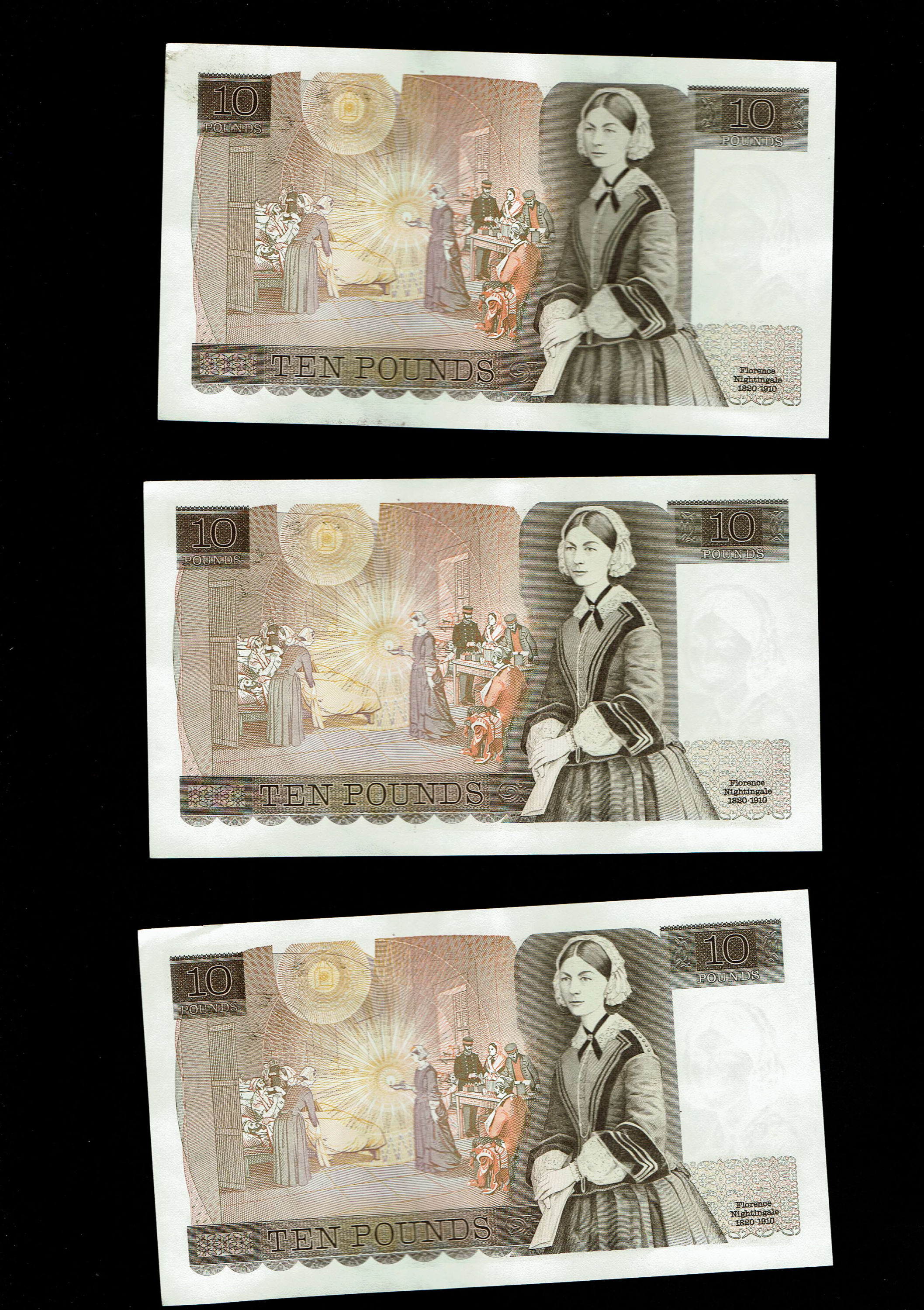 England - Lot of 10 banknotes, 10 Pounds 1975-1980 - Elizabeth II Florence Nightingale - Consecutive S.N. - XF - 1 2