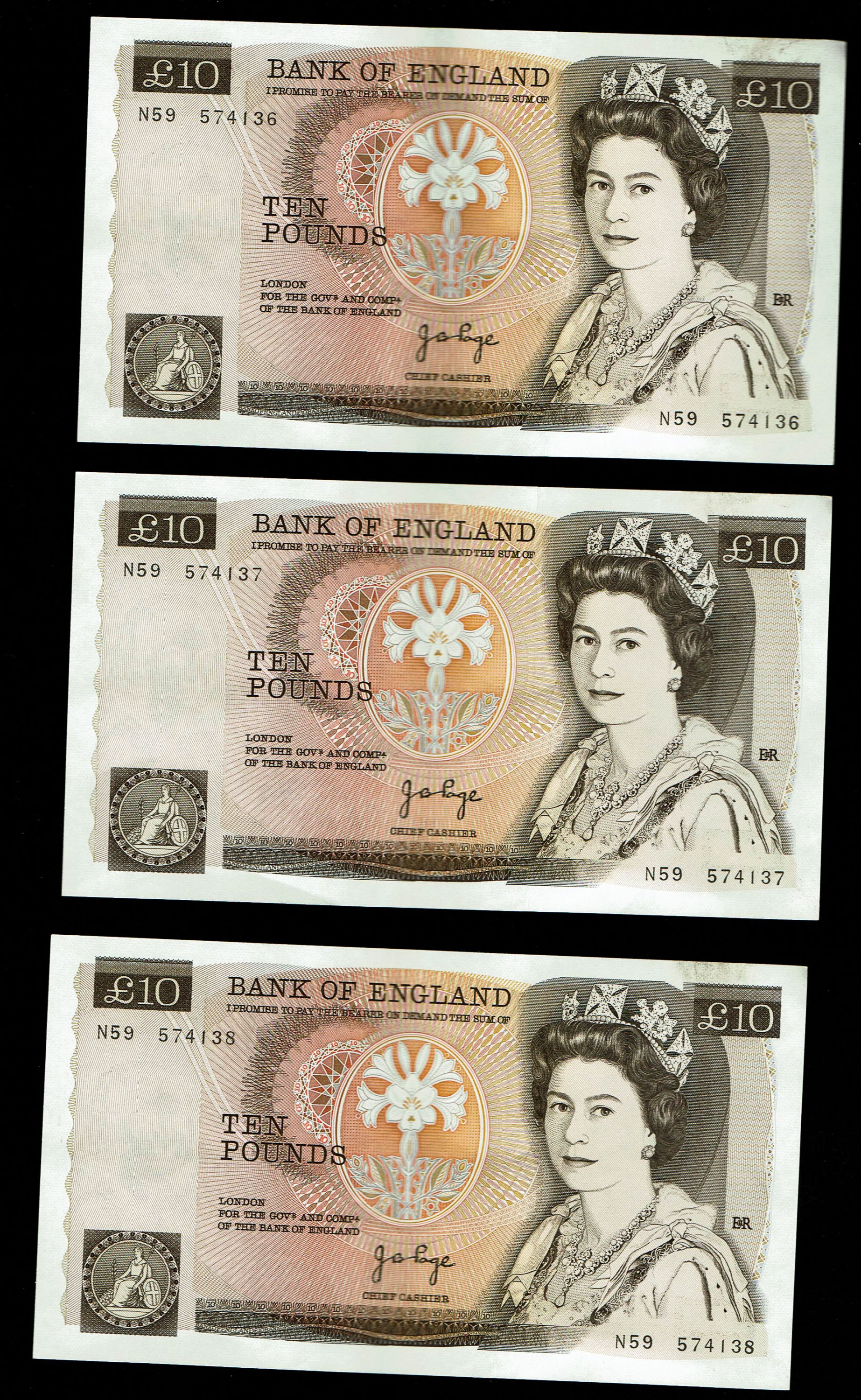 England - Lot of 10 banknotes, 10 Pounds 1975-1980 - Elizabeth II Florence Nightingale - Consecutive S.N. - XF - 1 5