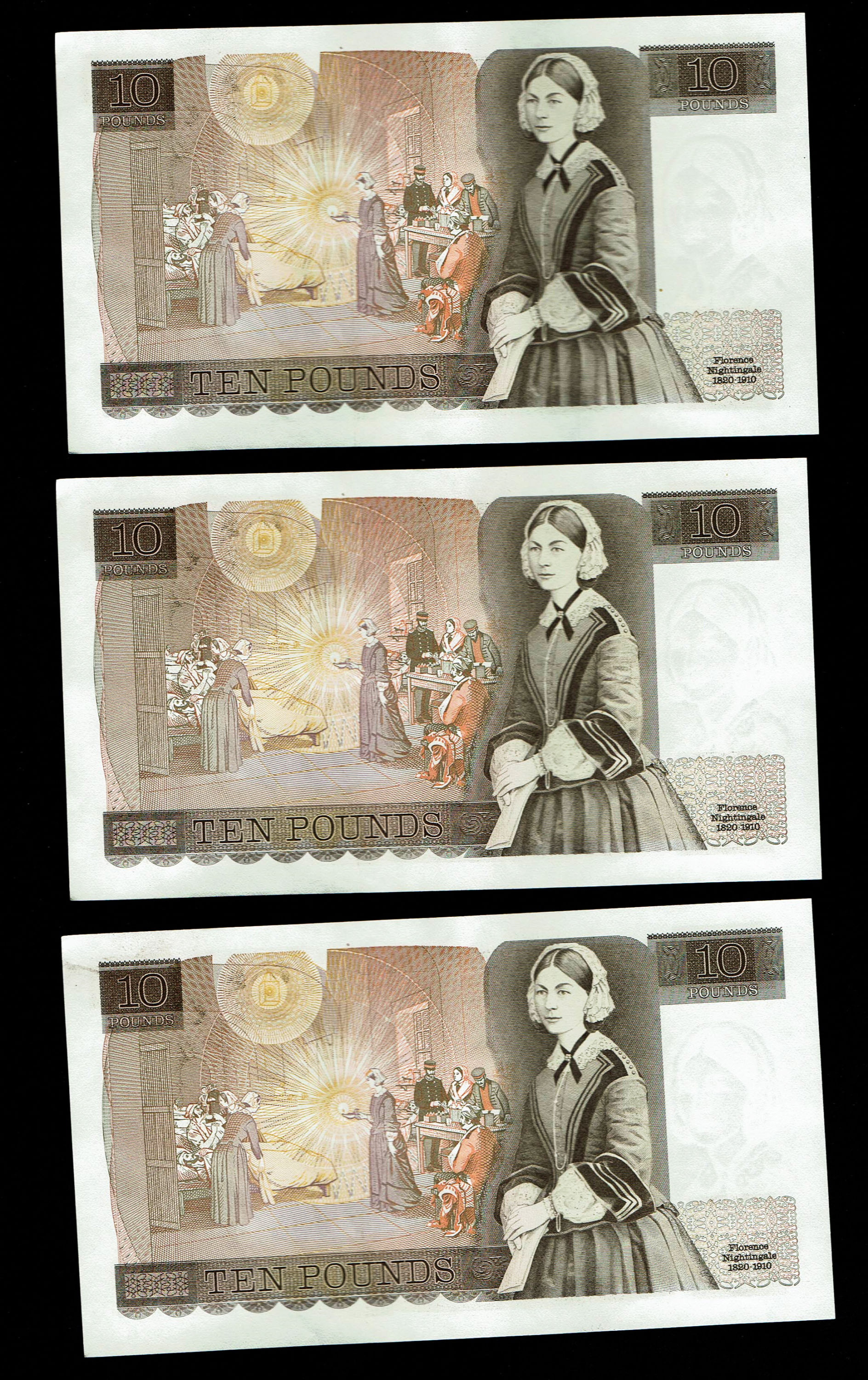 England - Lot of 10 banknotes, 10 Pounds 1975-1980 - Elizabeth II Florence Nightingale - Consecutive S.N. - XF - 1 4