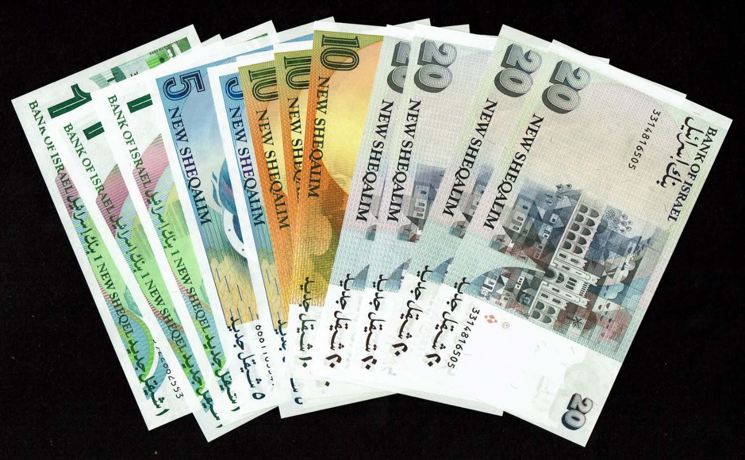 Israel - 12 Banknotes of 1, 5, 10 and 20 shekel 1985, 1986, 1987, 1992, 1993 - UNC - 1 0