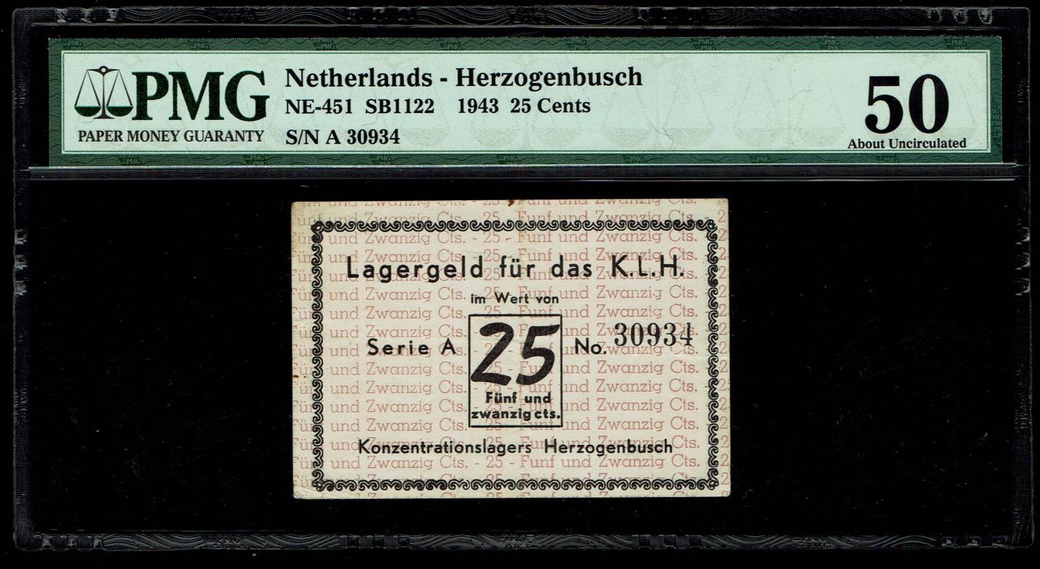 Holocaust concentration camps money - Netherlands, Camp Herzogenbusch - 25 cents 1943 - PMG 50