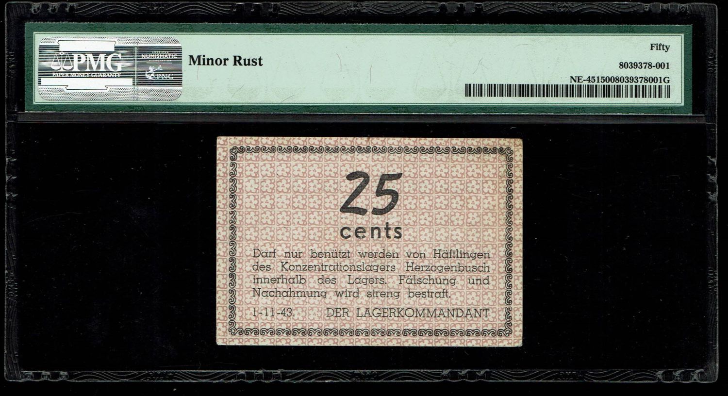 Holocaust concentration camps money - Netherlands, Camp Herzogenbusch - 25 cents 1943 - PMG 50 - 1 1