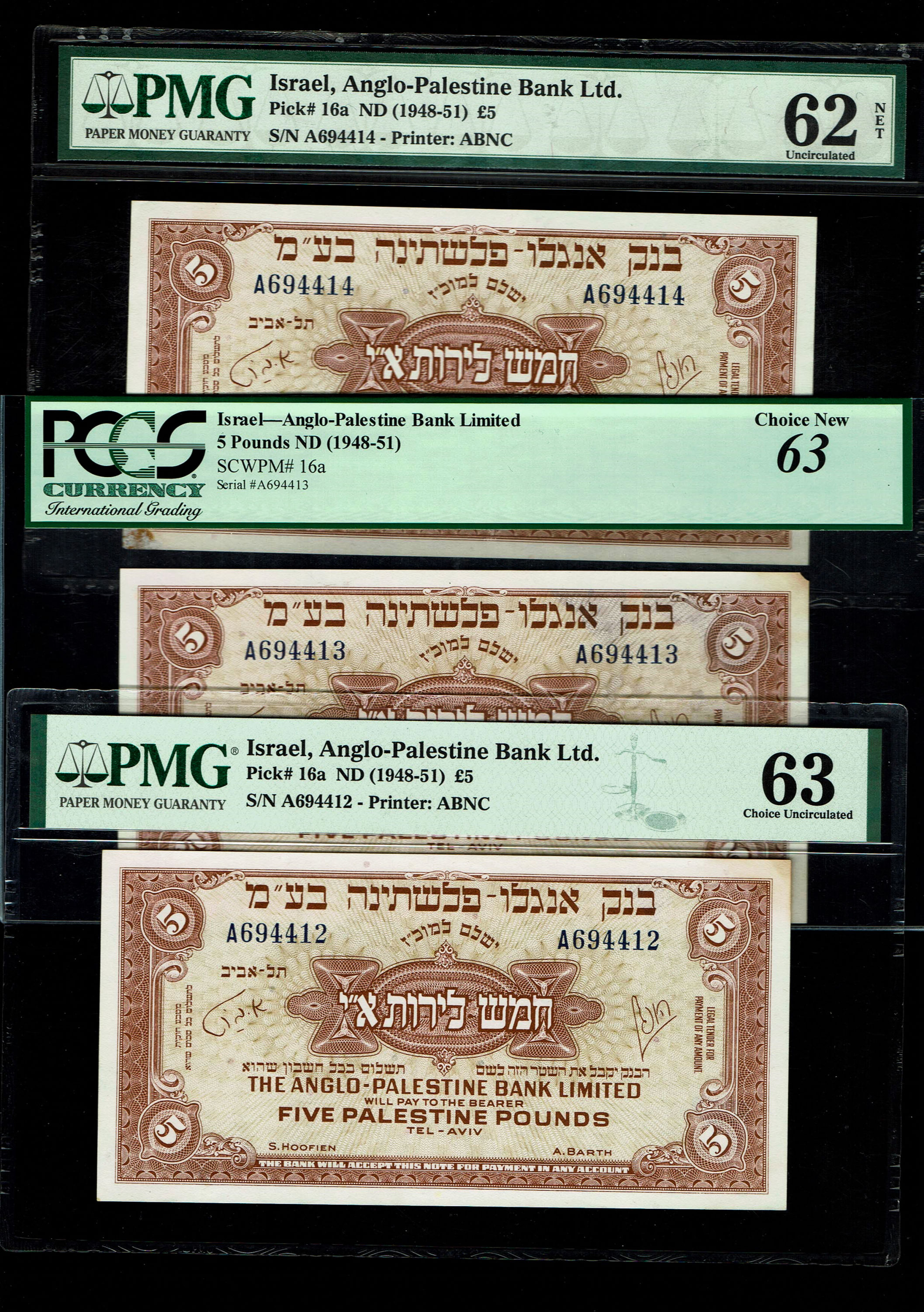 Israel - Lot of 3 Banknotes of 5 Pounds 1948 - Anglo Palestine - Consecutive serial numbers in UNC condition - Prefix A - 1 0