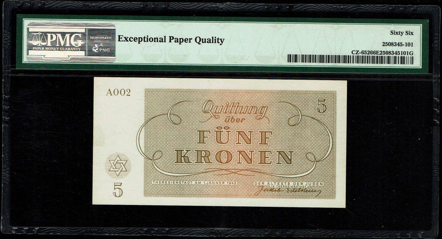 Holocaust concentration camps money - Czechoslovakia - 5 Kronen 1943 - PMG 66 EPQ - Theresientadt Ghetto. - 1 1