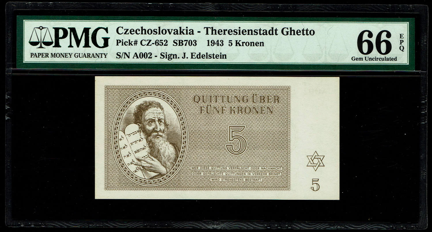 Holocaust concentration camps money - Czechoslovakia - 5 Kronen 1943 - PMG 66 EPQ - Theresientadt Ghetto.