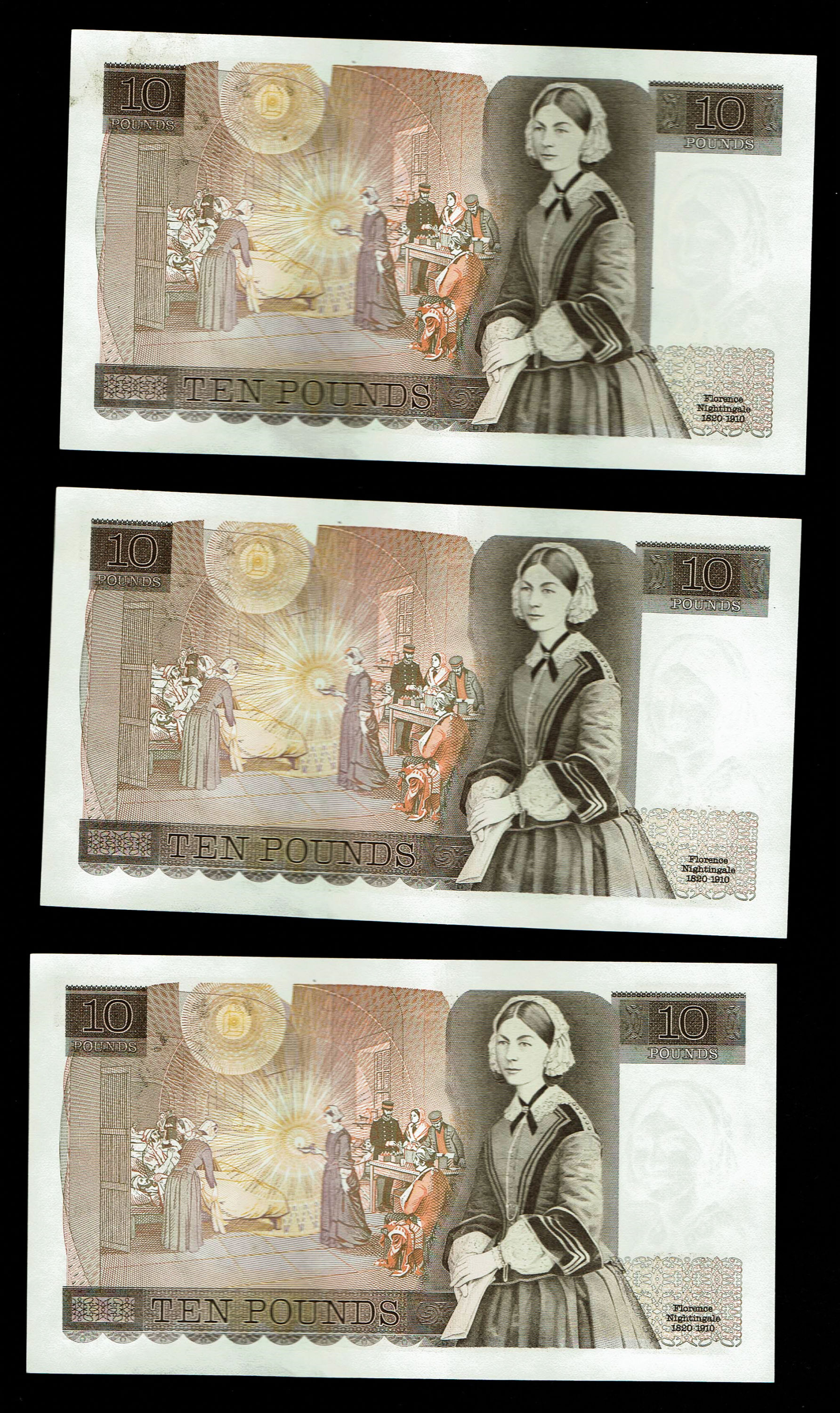England - Lot of 10 banknotes, 10 Pounds 1975-1980 - Elizabeth II Florence Nightingale - Consecutive S.N. - XF - 1 2
