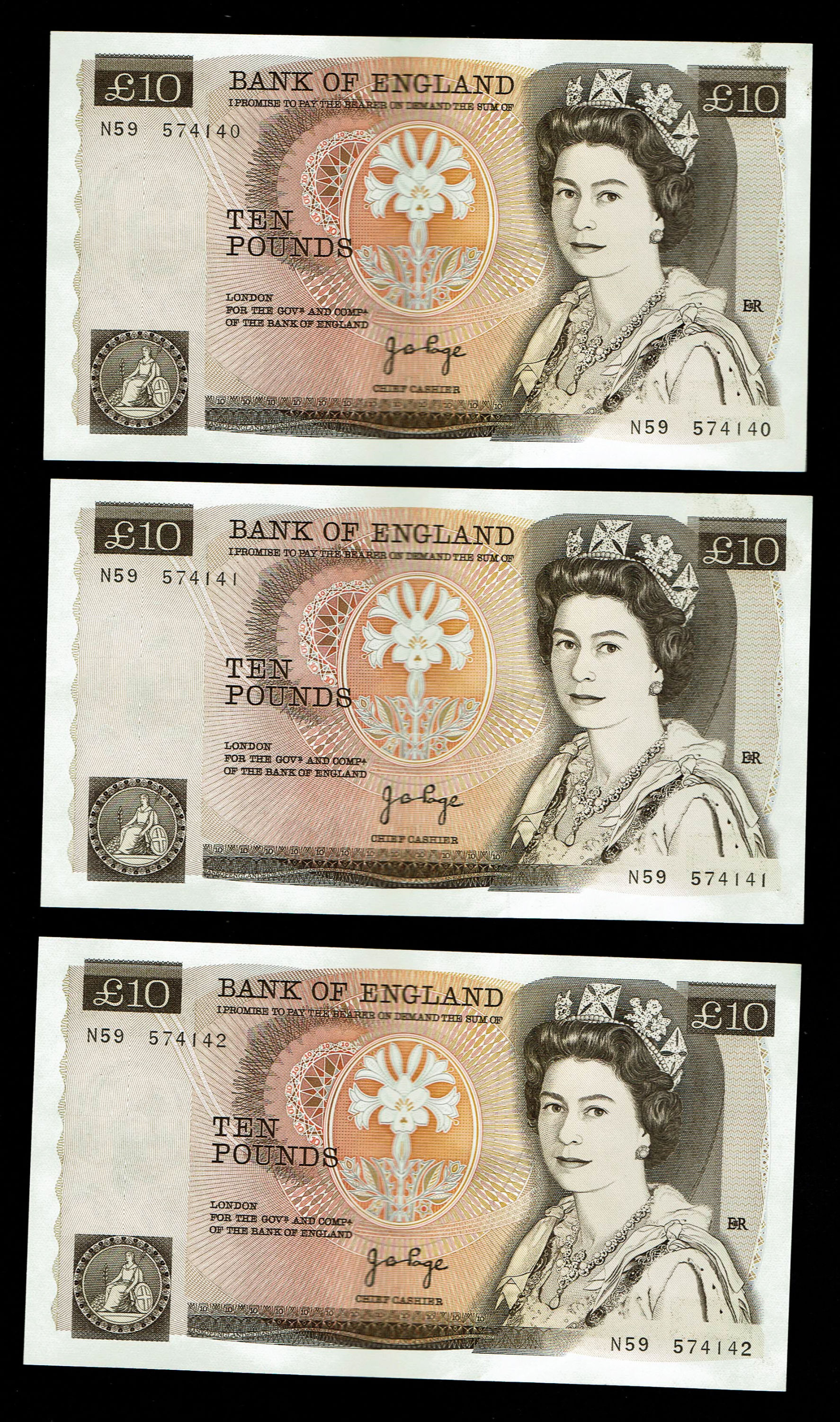 England - Lot of 10 banknotes, 10 Pounds 1975-1980 - Elizabeth II Florence Nightingale - Consecutive S.N. - XF - 1 1
