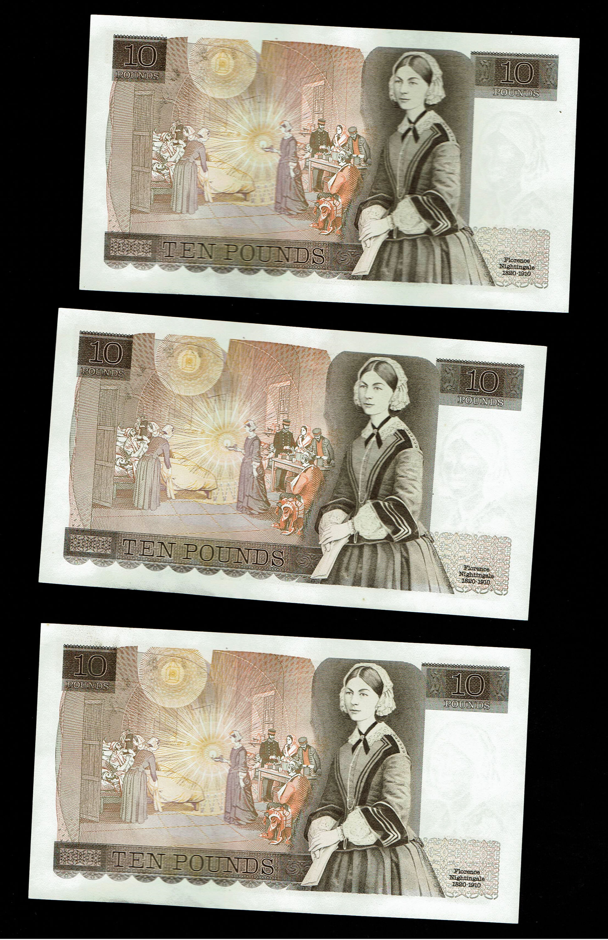 England - Lot of 10 banknotes, 10 Pounds 1975-1980 - Elizabeth II Florence Nightingale - Consecutive S.N. - XF - 1 4