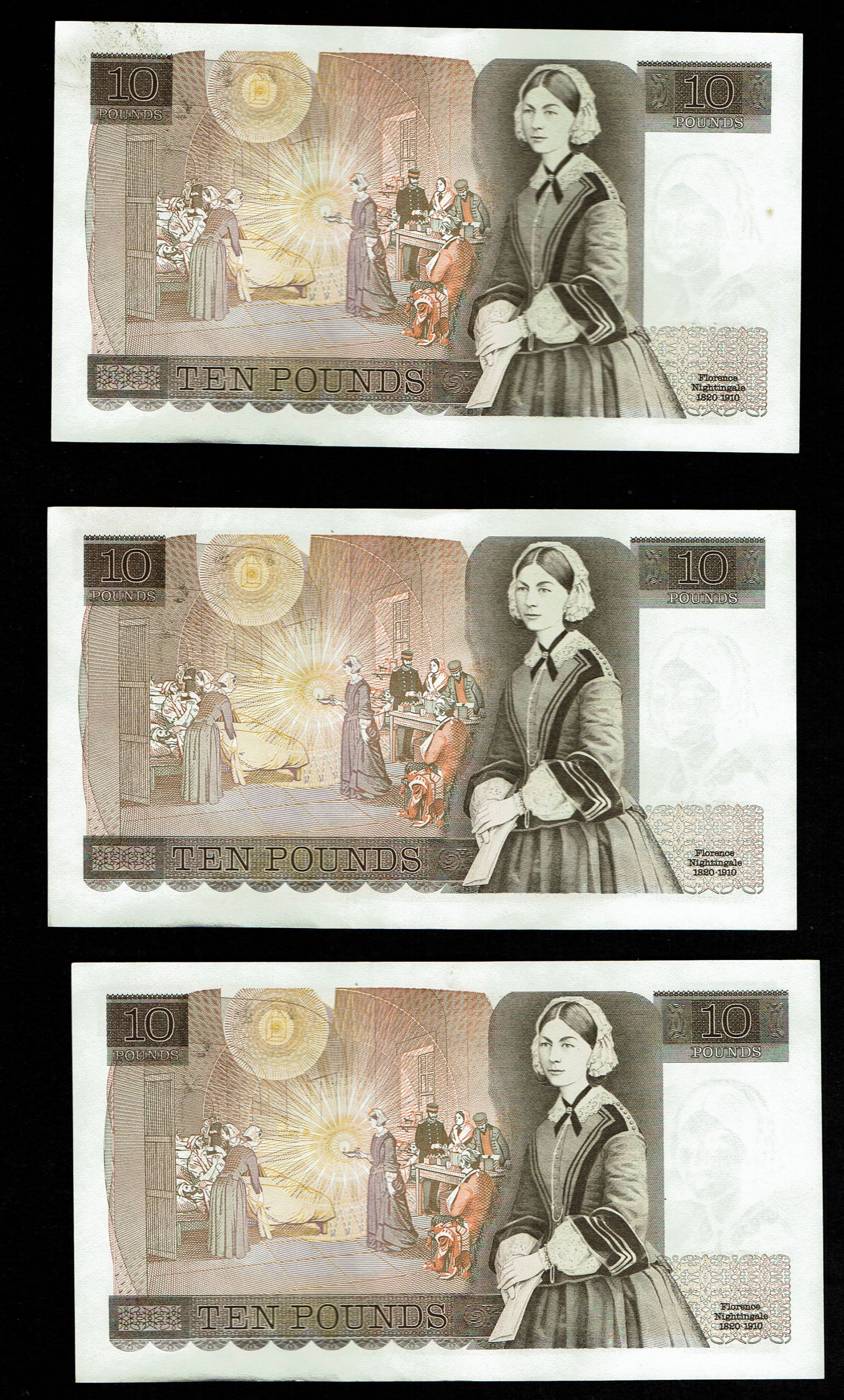 England - Lot of 10 banknotes, 10 Pounds 1975-1980 - Elizabeth II Florence Nightingale - Consecutive S.N. - XF - 1 6