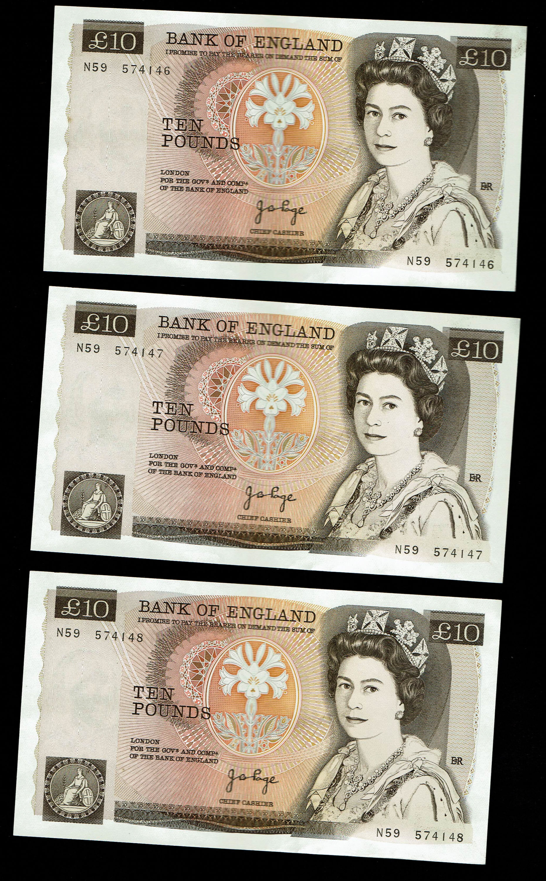 England - Lot of 10 banknotes, 10 Pounds 1975-1980 - Elizabeth II Florence Nightingale - Consecutive S.N. - XF - 1 5