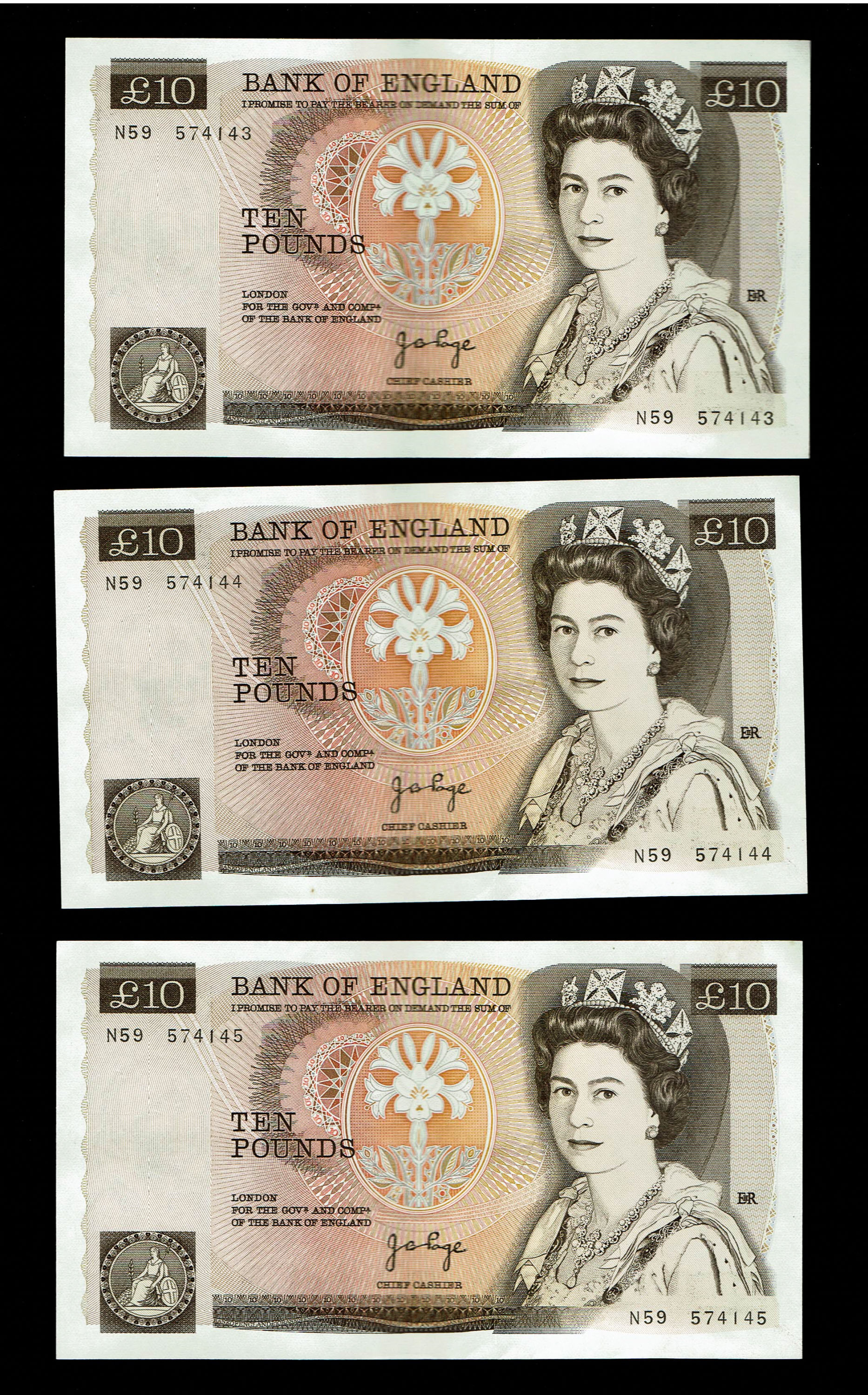 England - Lot of 10 banknotes, 10 Pounds 1975-1980 - Elizabeth II Florence Nightingale - Consecutive S.N. - XF - 1 3