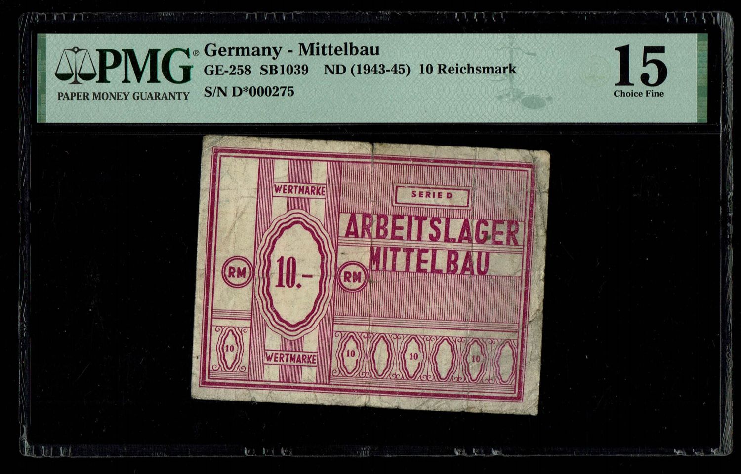 Holocaust concentration camps money - Germany, Mittelbau camp - 10 marks 1943-1945 - PMG 15