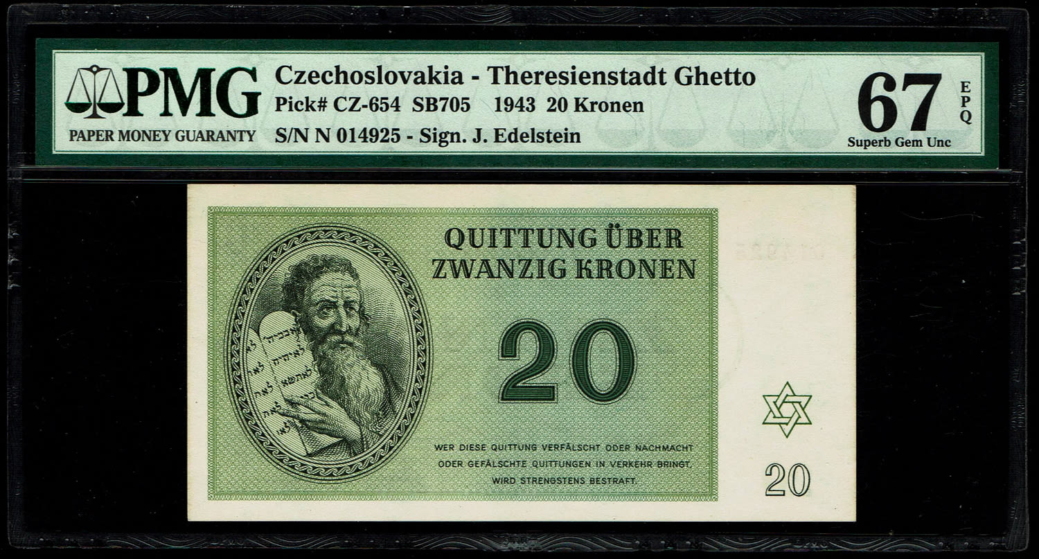 Holocaust concentration camps money - Czechoslovakia - 20 Kronen 1943 - PMG 67 EPQ - Theresientadt Ghetto.