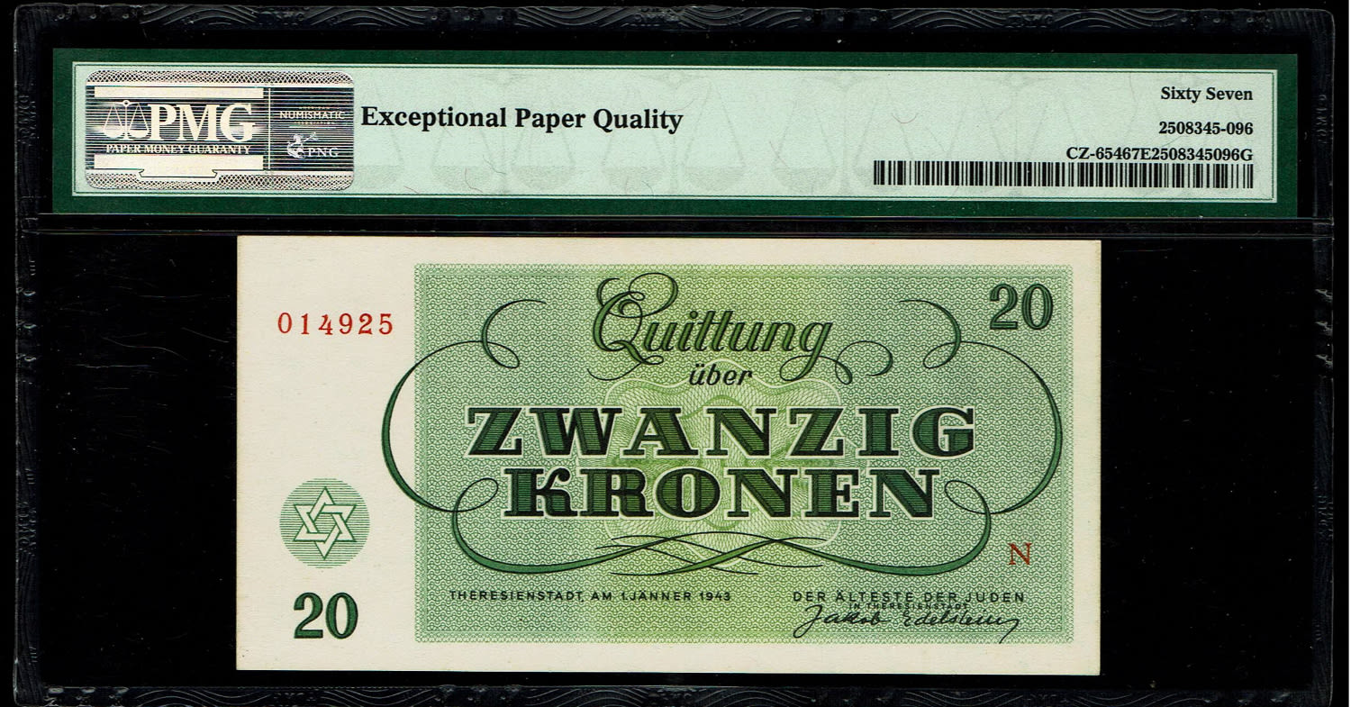 Holocaust concentration camps money - Czechoslovakia - 20 Kronen 1943 - PMG 67 EPQ - Theresientadt Ghetto. - 1 1