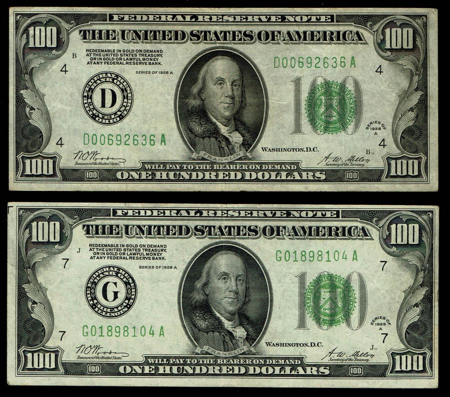 USA - Pair of 2 banknotes of 100 Dollar 1928 - VF - 1 0
