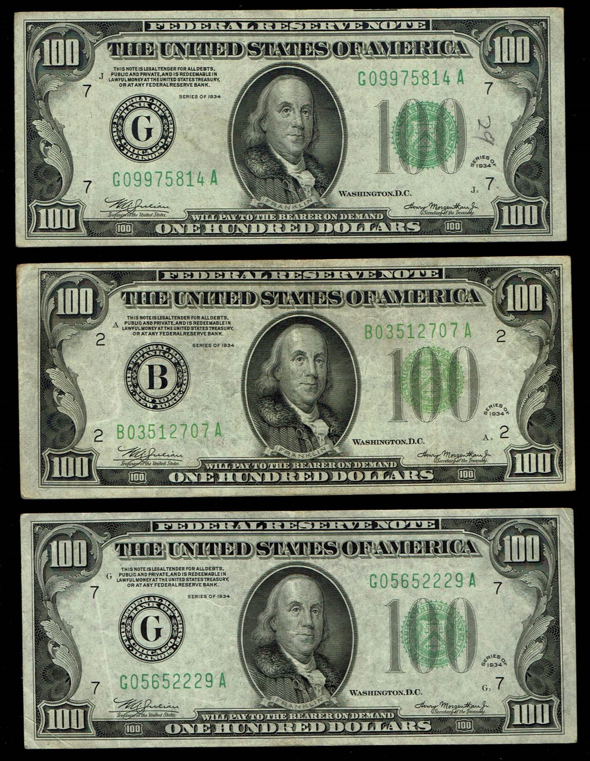 USA - Lot of 3 banknotes of 100 Dollar 1934 - VF - 1 0