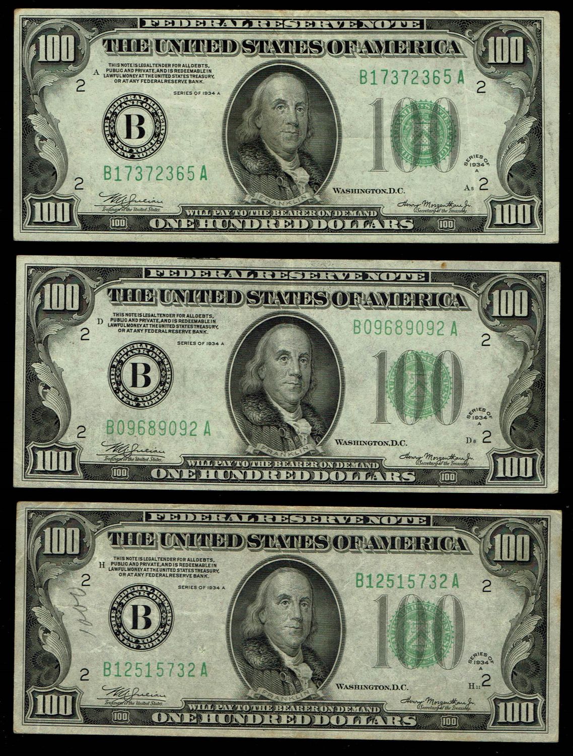 USA - Lot of 3 banknotes of 100 Dollar 1934 - VF - 1 0