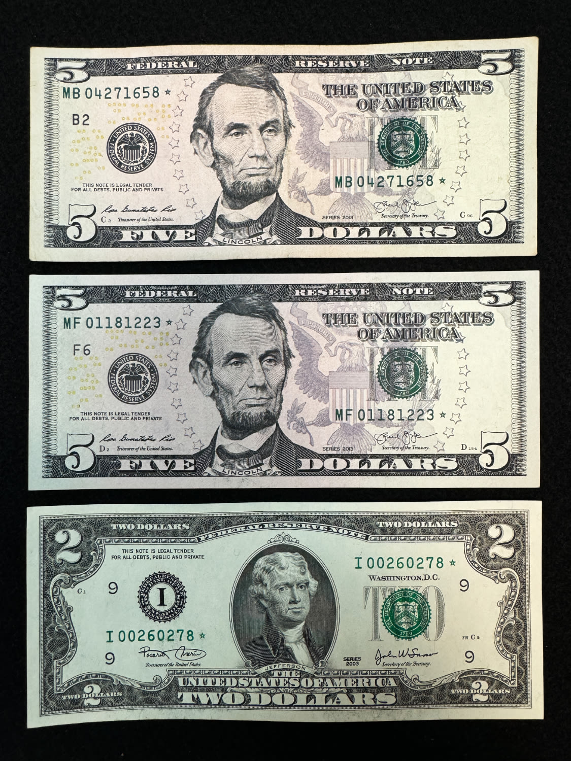 USA - Lot of 6 Banknotes of 1, 2 and 5 Dollars, different years - All with a star - VF - 1 3