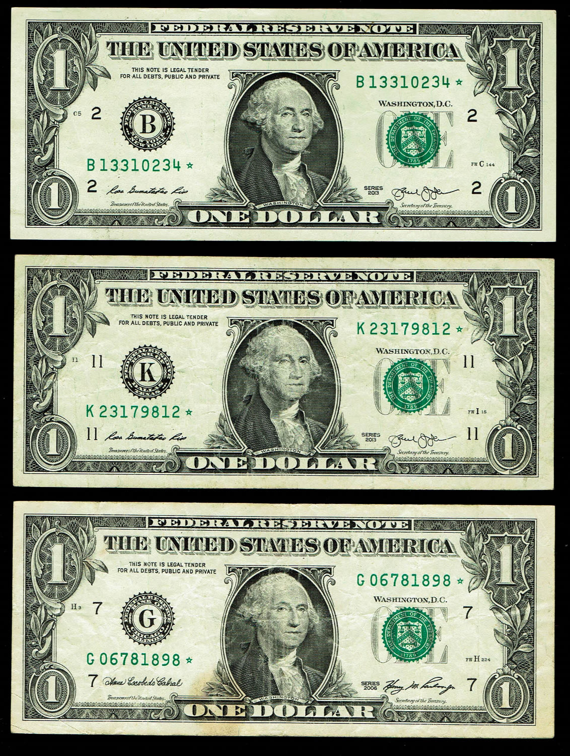 USA - Lot of 6 Banknotes of 1, 2 and 5 Dollars, different years - All with a star - VF - 1 1