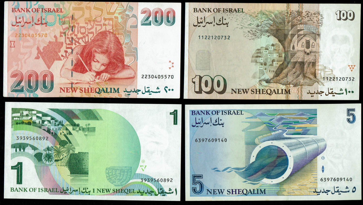 Israel - Group of 9 banknotes, 1, 5, 20, 50, 100 and 200 new shekels 1986, 1985, 1995, 1991, 1998, 2008, 2007, 2002 ... - 1 6
