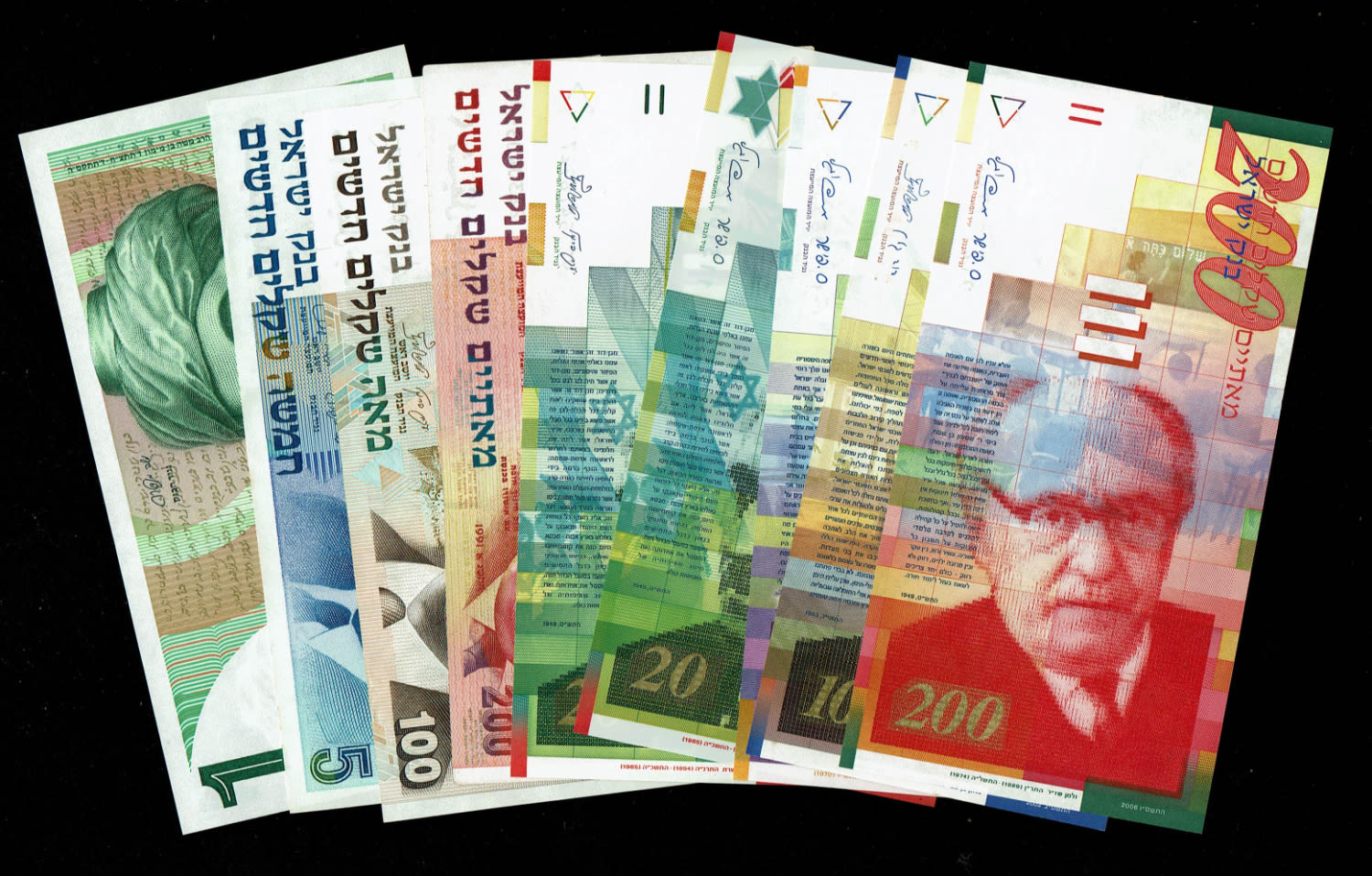 Israel - Group of 9 banknotes, 1, 5, 20, 50, 100 and 200 new shekels 1986, 1985, 1995, 1991, 1998, 2008, 2007, 2002 ... - 1 0