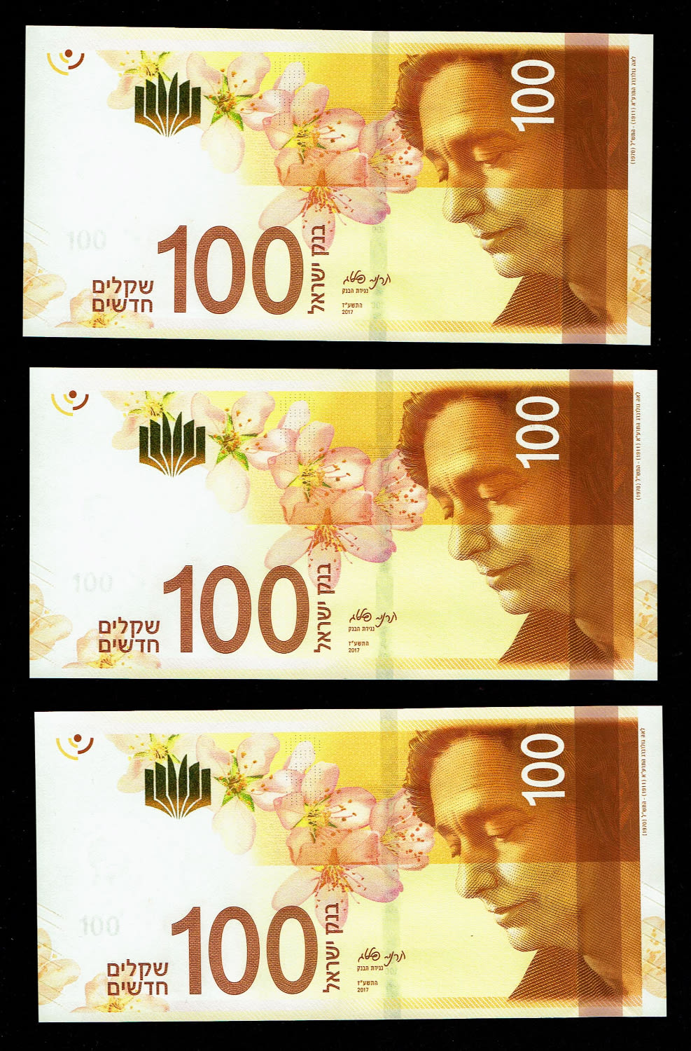Israel - 3 Banknotes of 100 Shekels 2017 - "New Shekel Series C" - UNC - 1 0