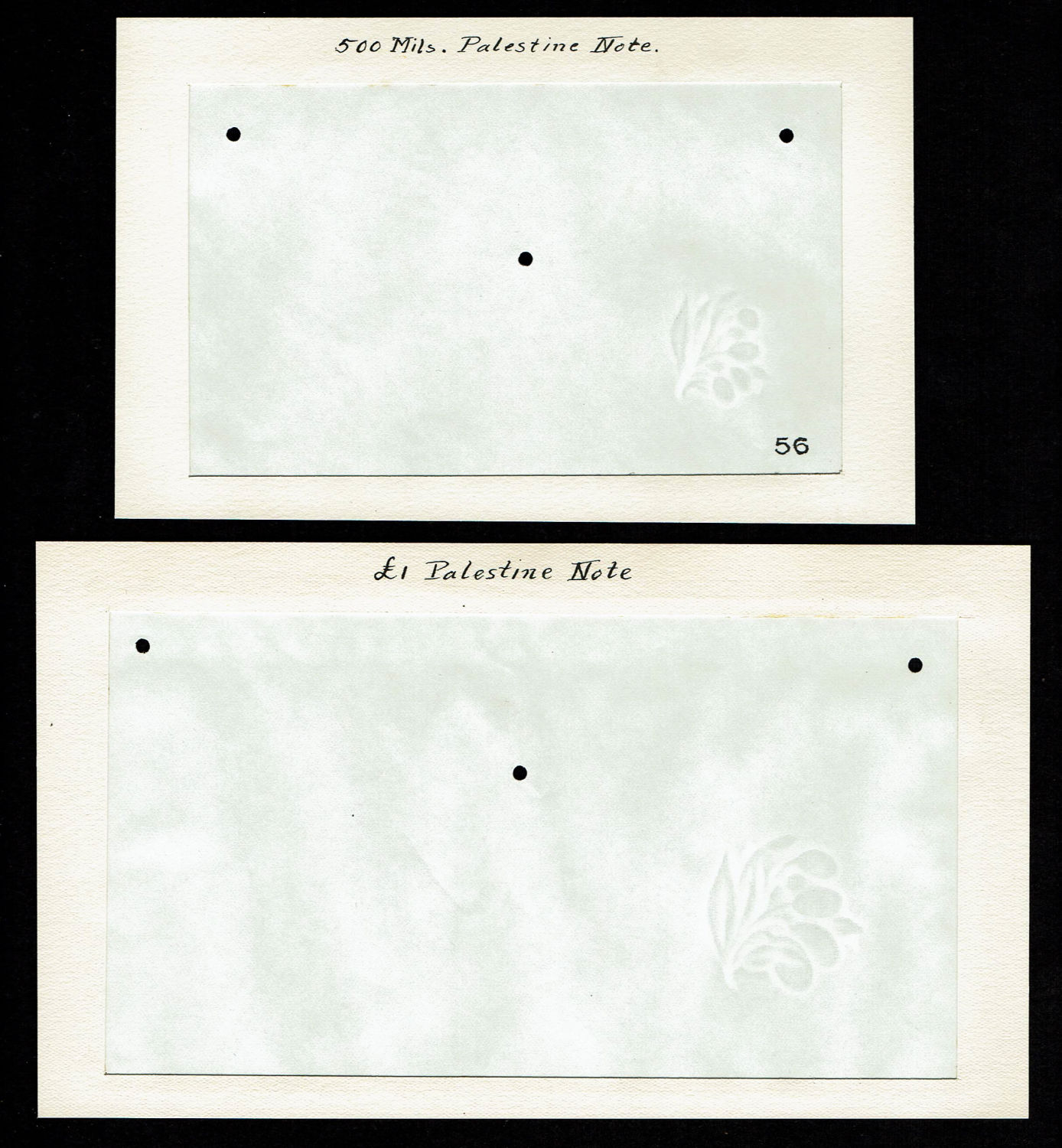 Palestine - a pair of watermark papers for 500 mils and 1 pound notes which were used for these notes for the years ... - 1 0