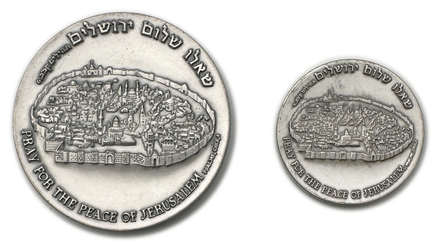 Israel - A pair of medals, "Shalom", "Ask for peace in Jerusalem" - Silver 59, 35mm, 82g, 27g - 1 1