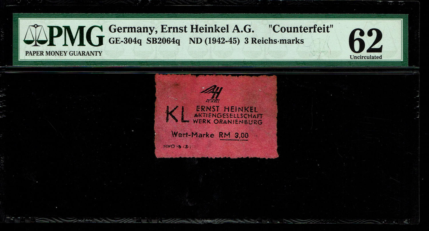 Holocaust concentration camps money - Germany - Ernst Heinkel - 3 Reichs-marks 1942-1945 - Counterfeit - PMG 62 - 1 0