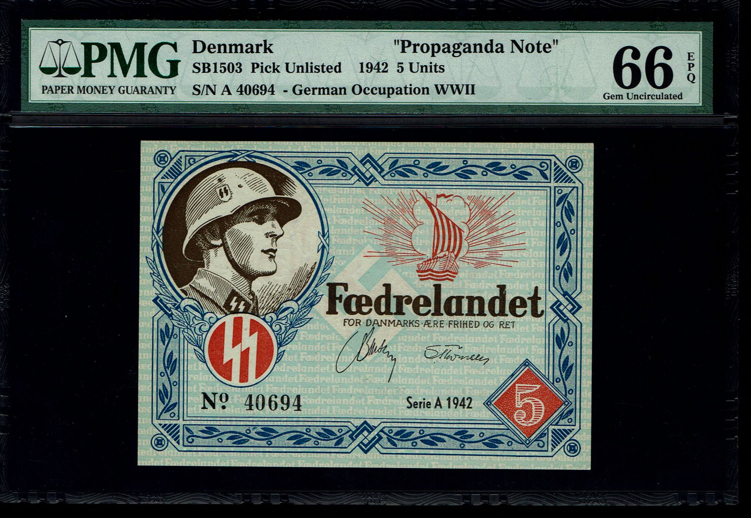 Holocaust and extermination camps banknotes - Denmark propaganda note - 5 units 1942 - PMG 66 ... - 1 0