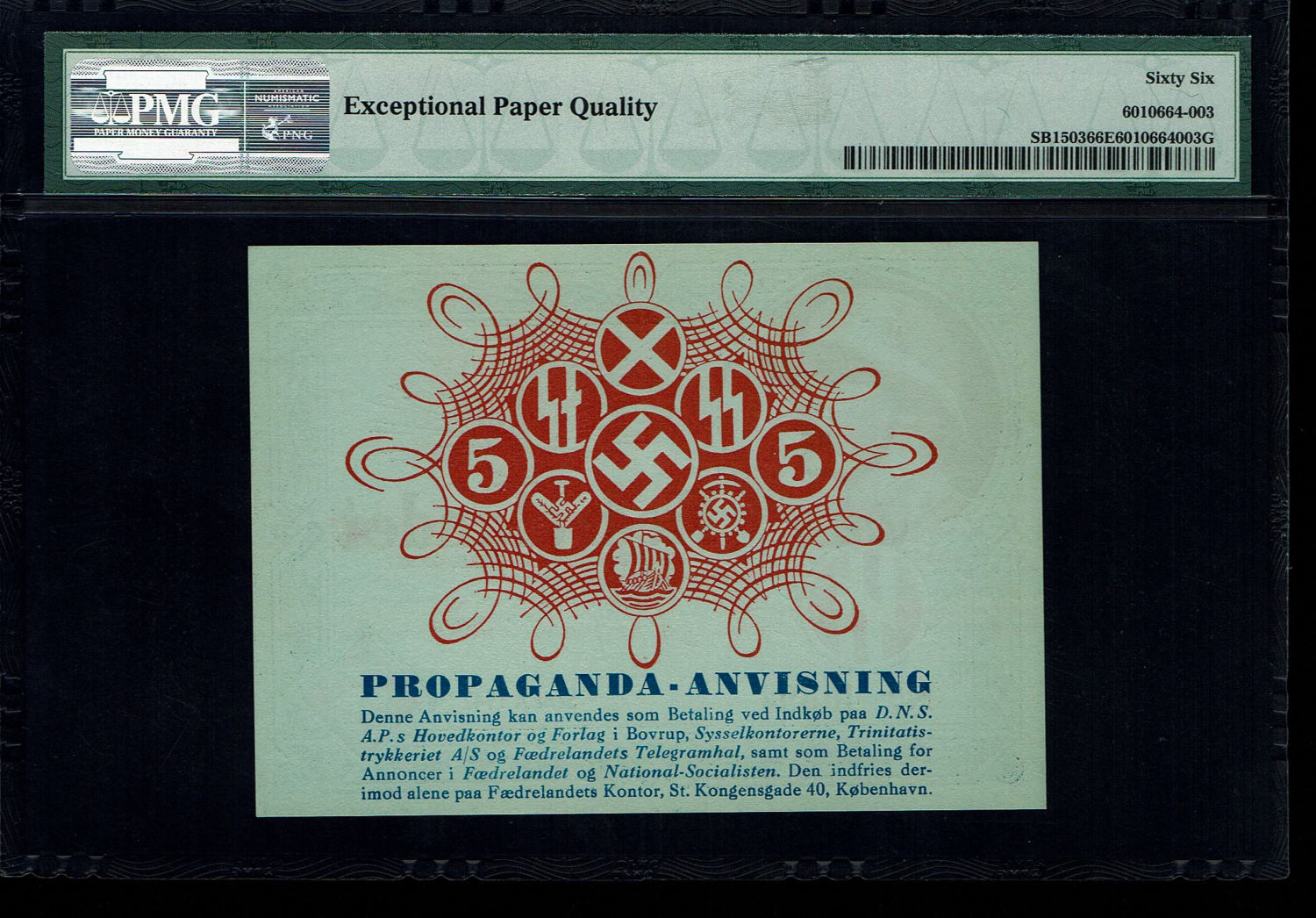 Holocaust and extermination camps banknotes - Denmark propaganda note - 5 units 1942 - PMG 66 ... - 1 1