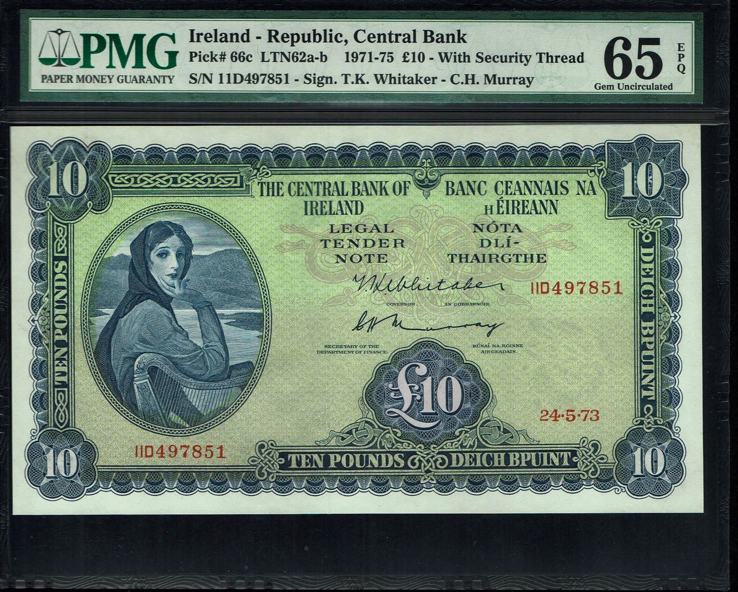 Ireland - 10 Pounds 1971-1975 - PMG 65 EPQ
Obverse: Lady Hazel Lavery
Lettering: The Central ... - 1 0