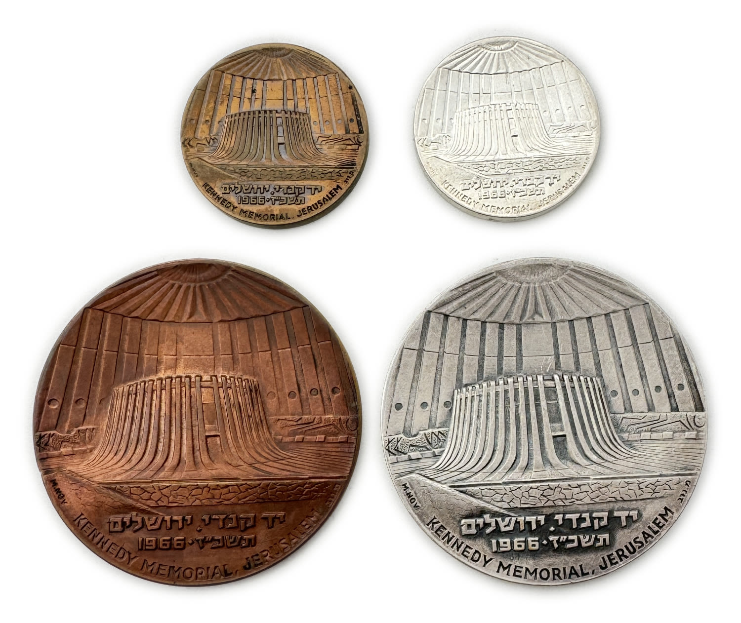 Israel - 4 Yad Kennedy Jerusalem 1966 medals, 2 bronze and 2 made of silver, 59mm, 35mm, 100g, 32g - 1 1