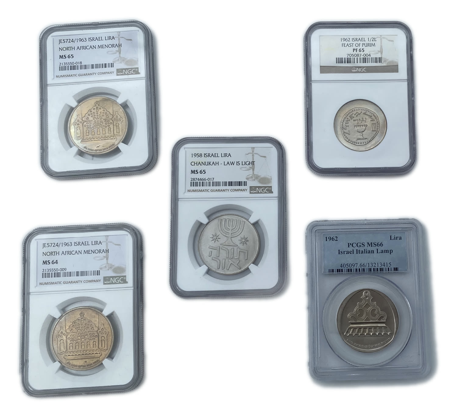 Israel - Lot of 5 coins of 1 Lira 1958, 1962, 1963 - Graded - 1 0