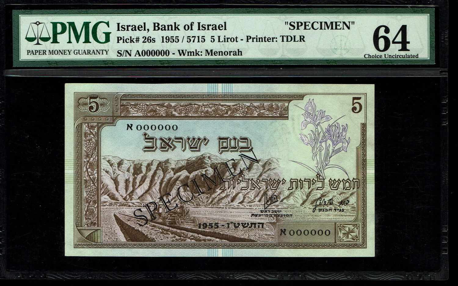 Israel - 5 Lirot 1955 - PMG 64 - SPECIMEN
Sample prints are part of the process of designing and ... - 1 0