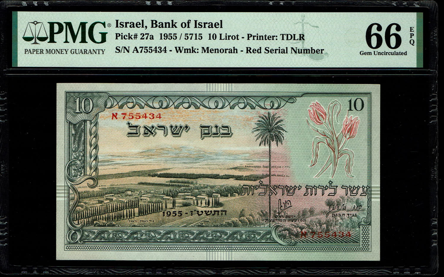 Israel - 10 Lirot 1955 - PMG 66 EPQ - Red Serial Number - Prefix A
In 1954, the Bank of Israel was ... - 1 0