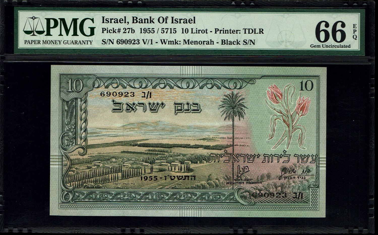 Israel - 10 Lirot 1955 - PMG 66 EPQ - Black Serial Number - Prefix B
In 1954, the Bank of Israel was ... - 1 0