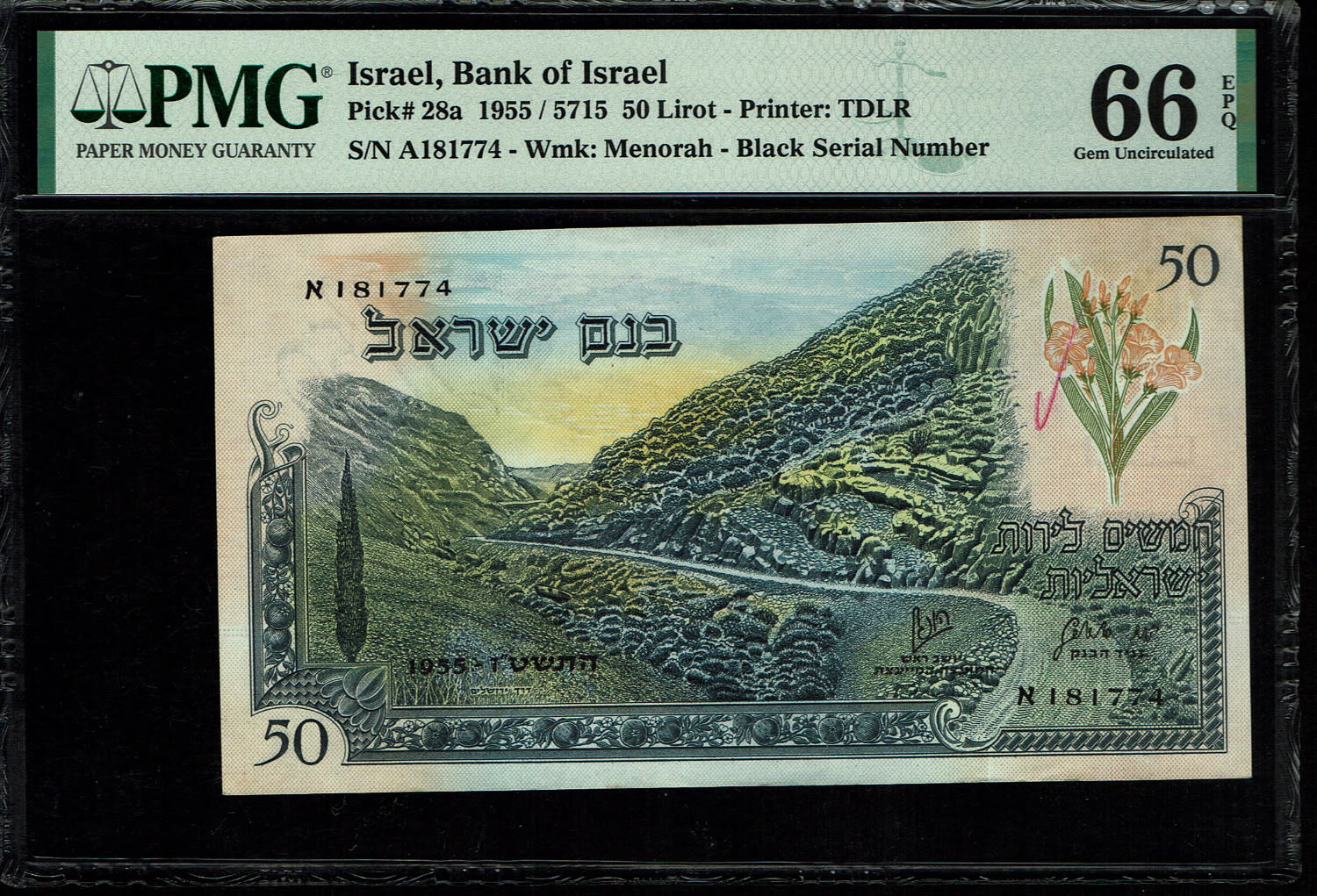 Israel - 50 Lirot 1955 - PMG 66 EPQ - Black Serial Number - Prefix A
In 1954, the Bank of Israel was ... - 1 0
