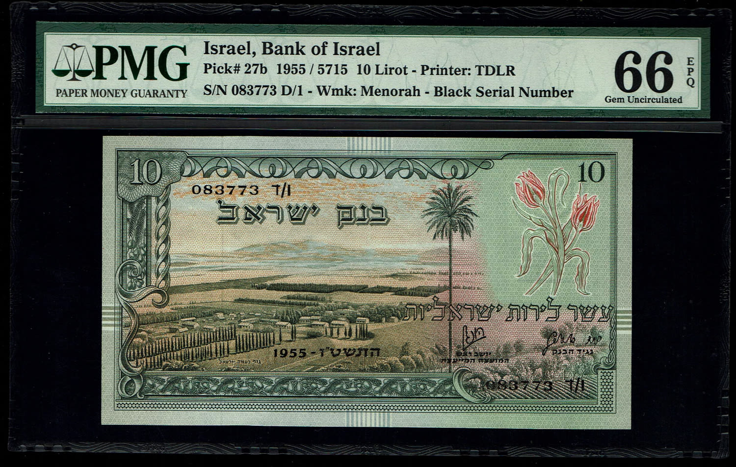 Israel - 10 Lirot 1955 - PMG 66 EPQ - Black Serial Number - Prefix D
In 1954, the Bank of Israel was ... - 1 0