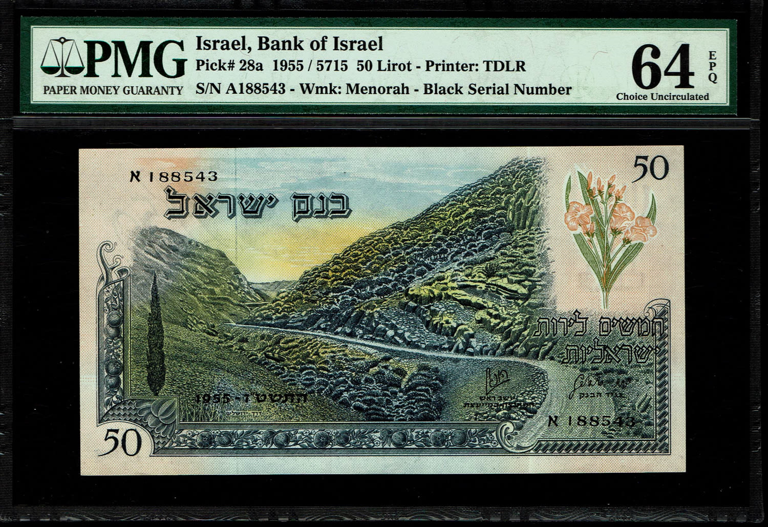 Israel - 50 Lirot 1955 - PMG 64 EPQ - Black Serial Number - Prefix A
The following item contains ... - 1 0