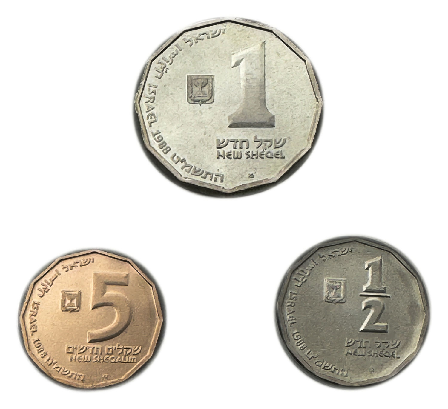 Israel - 2 silver coins, 1 gold - 1/2, 1, 5 shekels 1995 - gold 900, 8.63g, silver 925, 21.6g (total) - 1 0