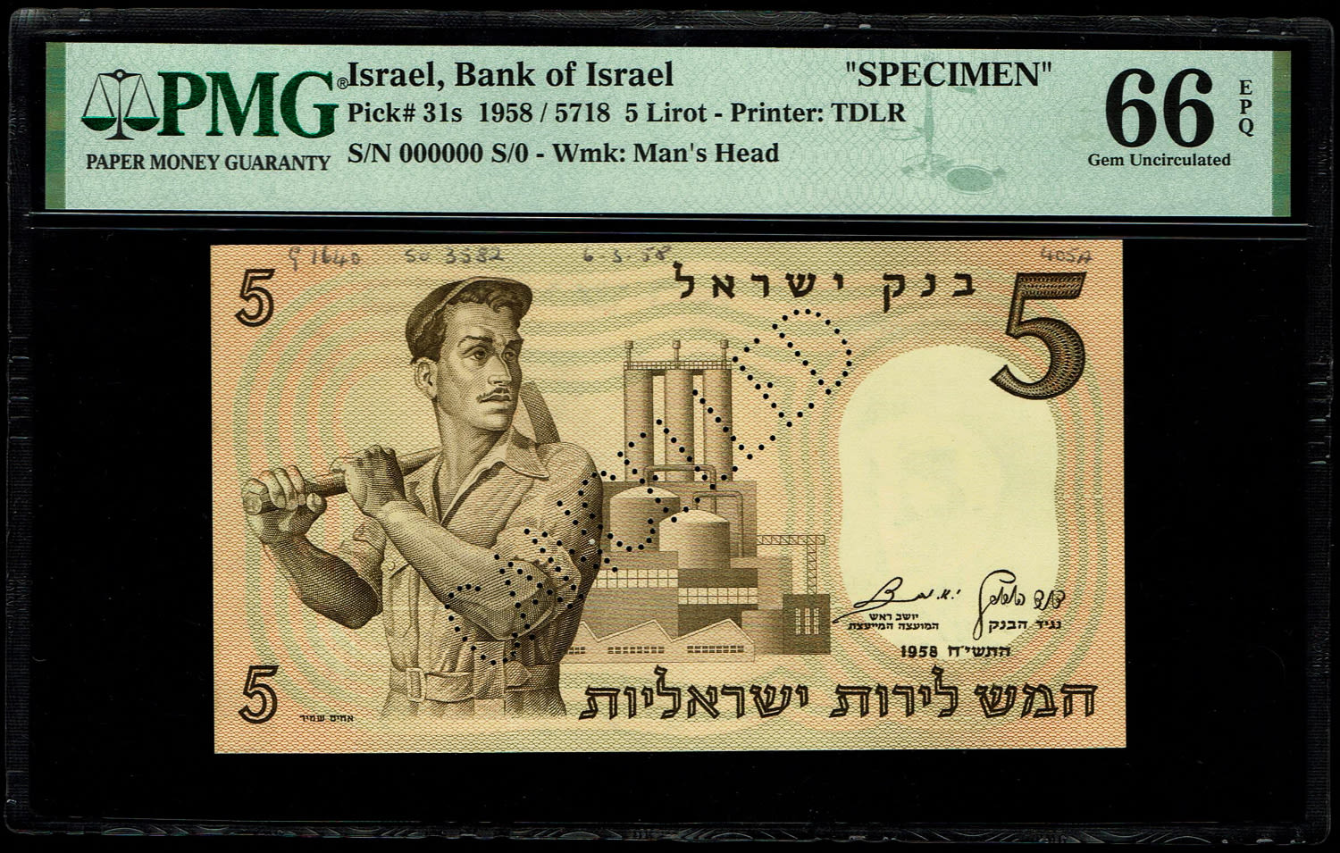 Israel - 5 Lirot 1958 - PMG 66 EPQ - SPECIMEN - Prefix 0/S - Very Rare
Very few known of this ... - 1 0