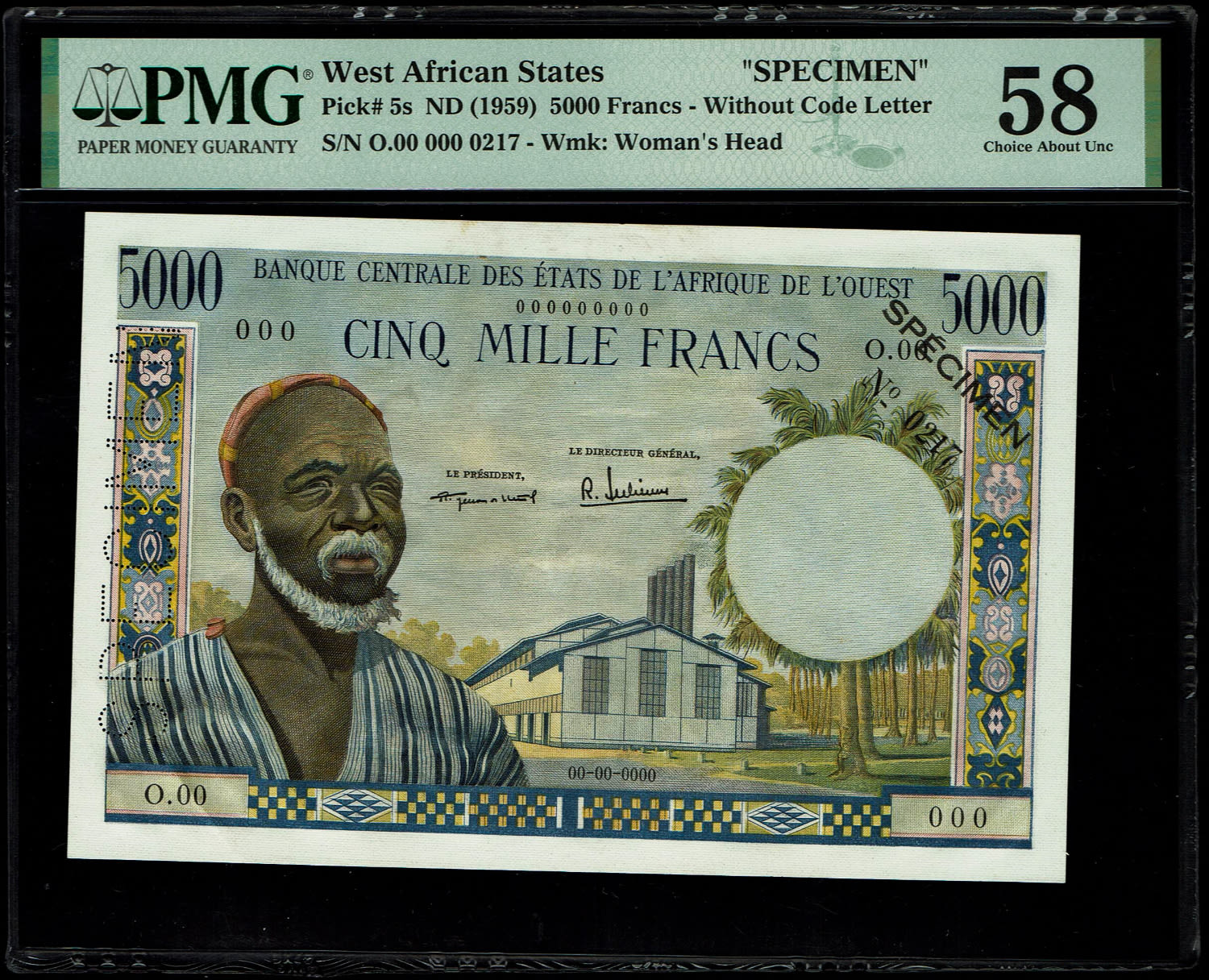 West Africa (African) States - 5000 Francs 1959 - SPECIMEN - Without Code Letter - PMG 58 - 1 0
