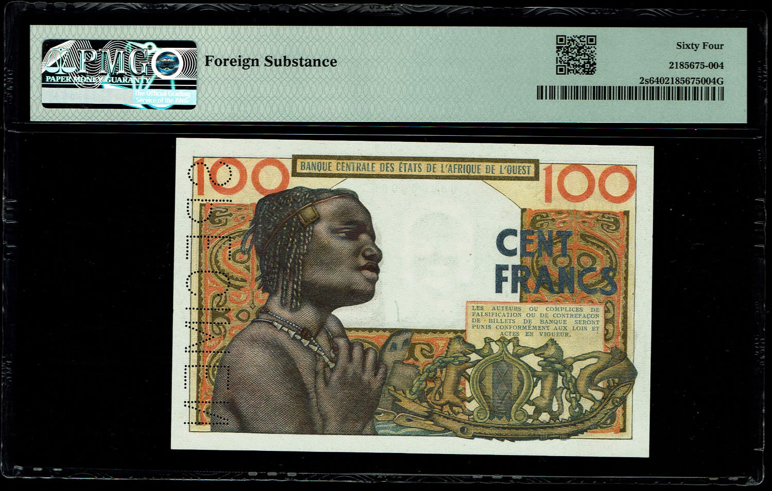 West Africa (African) States - 100 Francs 1959 - SPECIMEN - PMG 64
The only one graded at PMG, VERY ... - 1 1
