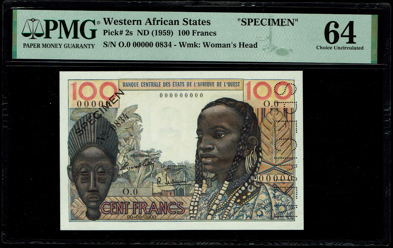West Africa (African) States - 100 Francs 1959 - SPECIMEN - PMG 64
The only one graded at PMG, VERY ... - 1 0