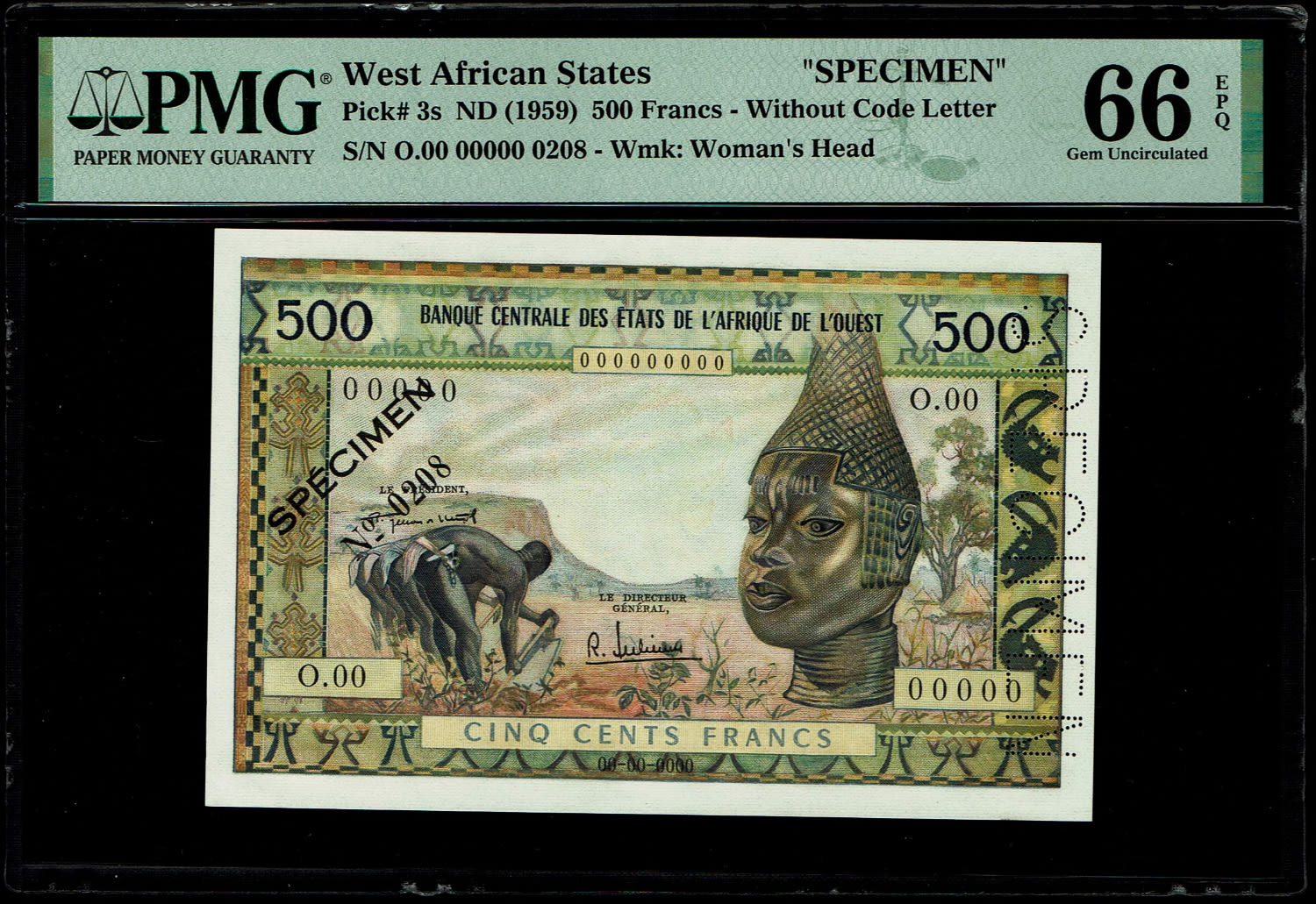 West Africa (African) States - 500 Francs 1959 - SPECIMEN - Without Code Letter - PMG 66 EPQ
Only one ... - 1 0