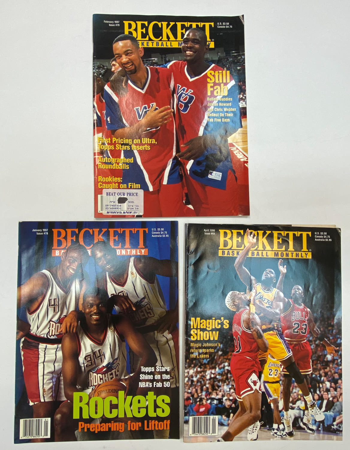 מגזין - מקבץ 3 מגזינים של חברת Beckeet Basketball Monthly בנושא כדורסל, ליגת ה- NBA - תאריכים 01/97, 04/96, 02/97 - ... - 1 0